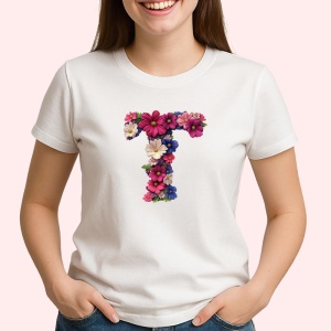 Tricou Alfabet Litera T cu flori, margarete, flori colorate, Alb, Unisex Dama si Barbat | Copii