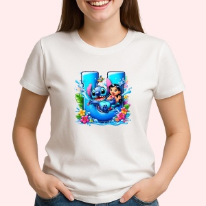 Tricou Alfabet Litera U cu Lilo si Stitch albastru, veselie mare, Alb, Unisex Dama si Barbat | Copii