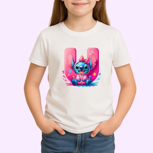 Tricou Alfabet Litera U cu Stitch Roz fericit, explozie de culori, Alb, Unisex Dama si Barbat | Copii - Img 2
