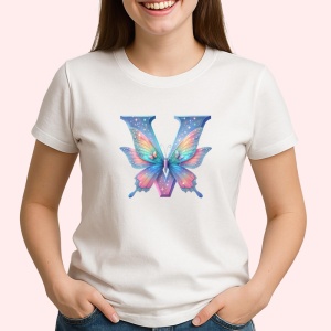 Tricou Alfabet Litera V cu fluturi colorati, stele aurii, flori colorate, Alb, Unisex Dama si Barbat | Copii