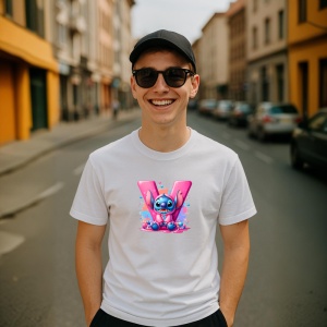 Tricou Alfabet Litera V cu Stitch Roz fericit, explozie de culori, Alb, Unisex Dama si Barbat | Copii - Img 4
