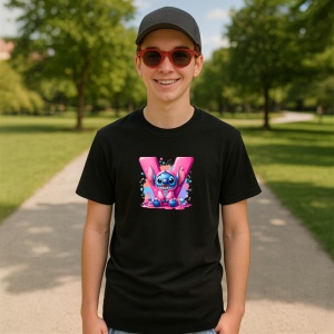 Tricou Alfabet Litera V cu Stitch Roz fericit, explozie de culori, Negru, Unisex Dama si Barbat | Copii - Img 4