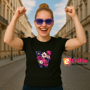Tricou Alfabet Litera W cu flori, margarete, flori colorate, Negru, Unisex Dama si Barbat | Copii - Img 3