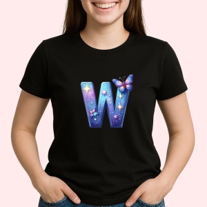 Tricou Alfabet Litera W cu fluturi colorati, stele aurii, flori colorate, Negru, Unisex Dama si Barbat | Copii