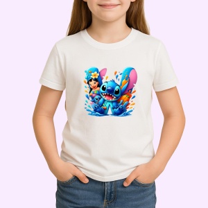 Tricou Alfabet Litera W cu Lilo si Stitch albastru, veselie mare, Alb, Unisex Dama si Barbat | Copii - Img 2