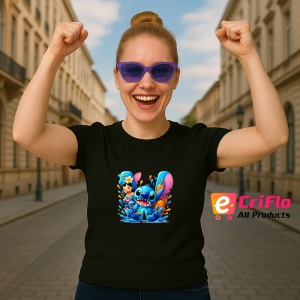 Tricou Alfabet Litera W cu Lilo si Stitch albastru, veselie mare, Mare, Negru, Unisex Dama si Barbat | Copii - Img 6