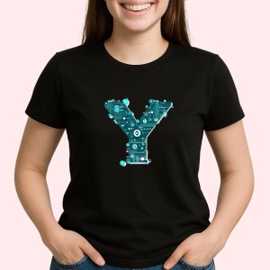Tricou Alfabet Litera Y cu circuite, cyber, tehnologie, Negru, Unisex Dama si Barbat | Copii