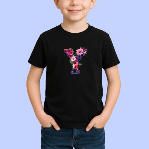 Tricou Alfabet Litera Y cu flori, margarete, flori colorate, Negru, Unisex Dama si Barbat | Copii - Img 2