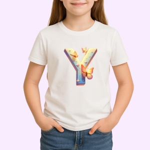 Tricou Alfabet Litera Y cu fluturi colorati, stele aurii, flori colorate, Alb, Unisex Dama si Barbat | Copii - Img 2