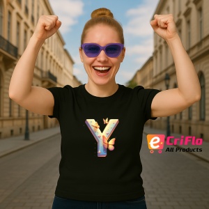 Tricou Alfabet Litera Y cu fluturi colorati, stele aurii, flori colorate, Negru, Unisex Dama si Barbat | Copii - Img 3
