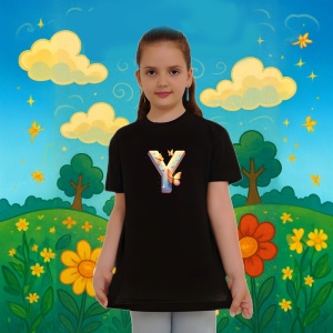 Tricou Alfabet Litera Y cu fluturi colorati, stele aurii, flori colorate, Negru, Unisex Dama si Barbat | Copii - Img 6