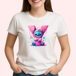 Tricou Alfabet Litera Y cu Stitch Roz fericit, explozie de culori, Alb, Unisex Dama si Barbat | Copii