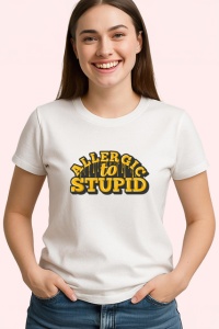 Tricou Allergic To Stupid Mesaj Amuzant Galben Negru, din bumbac 100% , tricou alb pentru Copii | Dama | Barbat