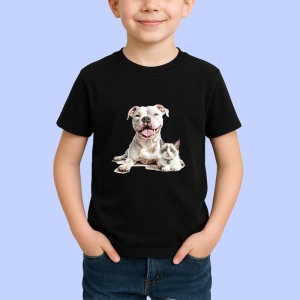 Tricou American Pitbull Terrier si pisica Ragdoll prieteni adorabili pe fundal albastru Copii | Dama | Barbat, negru - Img 3