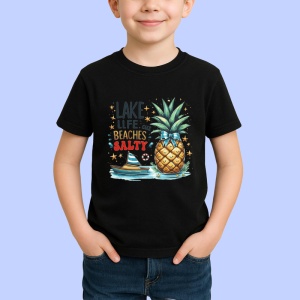Tricou Ananas cu palmier si barca text lake life beaches salty Copii | Dama | Barbat, negru - Img 3
