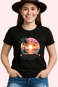 Tricou Apus pe plaja cu palmieri text love summer Copii | Dama | Barbat, negru - Img 1