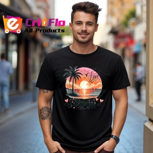 Tricou Apus pe plaja cu palmieri text love summer Copii | Dama | Barbat, negru - Img 5