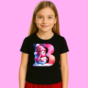 Tricou B Litera Craciun Roz Cu Om De Zapada Fulgi De Zapada, din bumbac 100% Copii | Dama | Barbat - Img 3