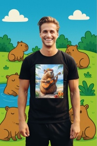 Tricou Barbat CapyBara - Canta la chitara Ukulele pe o plaja in Hawaii - Img 3