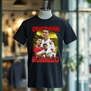 Tricou negru personalizat expus pe un umeraș pe o stradă urbană, având un design dedicat lui Cristiano Ronaldo, cu mai multe imagini ale fotbalistului și numele său scris cu roșu pe un fundal auriu.