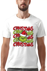 Tricou alb cu design festiv de Crăciun, prezentând textul 'Christmas' repetat de cinci ori în culori alternante de roșu și verde, cu un Grinch purtând o căciulă de Moș Crăciun în centrul imaginii. Designul creează un aspect festiv și jucăuș, potrivit pent