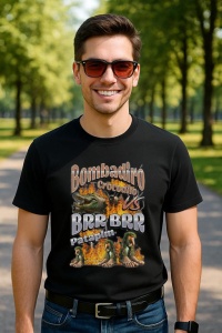 Tricou Barbat Tralalero Tralala cu personajul Bombadiro VS Brr Patapim Funny Italian Brainrot Meme Graphic - Img 4