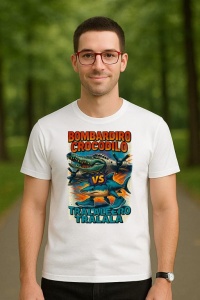 Tricou Barbat Tralalero Tralala cu personajul Bombardiro Crocodilo VS Tralalero Tralala - Italian Brainrot - Img 3