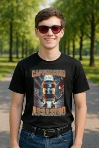 Tricou Barbat Tralalero Tralala cu personajul Italian Brainrot Cappuccino Assassino, Funny Cappuccino Meme (1)