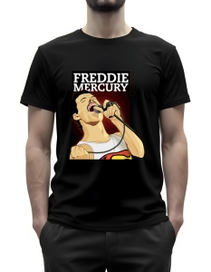 Tricou negru cu un design ilustrându-l pe Freddie Mercury cântând la microfon, cu textul 'Freddie Mercury' și 'Queen' pe fundal.