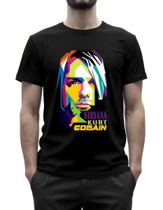 Tricou negru cu un portret stilizat și colorat al lui Kurt Cobain, inspirat de Nirvana, având numele 'Kurt Cobain' și 'Nirvana' scrise în partea de jos.