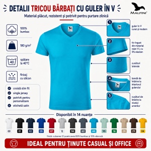 Tricou Bărbați Malfini 146 cu Guler în V, Premium, 100% Bumbac, Slim Fit, 180 g/m², S 3XL, 14 Culori - Img 5