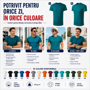 Tricou Bărbați Malfini Origin GOTS 171, 100% Bumbac Organic, 160 g/m², Guler Rotund, Label Free, Mărimi S 3XL, 15 Culori - Img 5