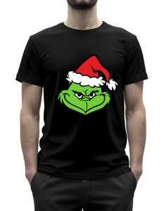 Tricou negru cu un design festiv de Crăciun, afișând un personaj verde inspirat de Grinch, purtând o căciulă de Moș Crăciun și având o expresie amuzantă și satisfăcută.