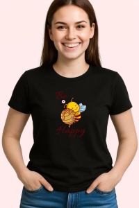Tricou Be Happy Albina, din bumbac 100%, tricou negru, Dama | Barbat