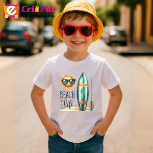 Tricou Beach life cu soare ochelari surfboard si padel stil surfing Copii | Dama | Barbat Barbat - Img 10