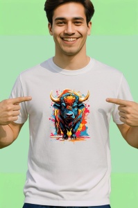 Tricou Bivol in stil pop art cu fundal alb si stropi de culoare Copii | Dama | Barbat - Img 2