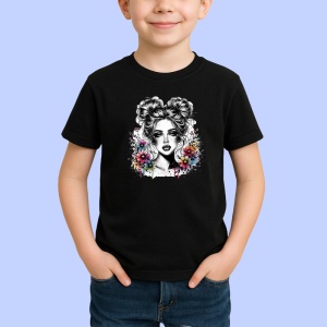 Tricou Black white floral portrait sketch, portret floral alb negru in stil schita, Copii | Dama | Barbat , tricou negru - Img 2