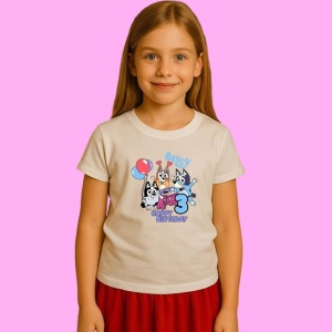Tricou Bluey Happy Birthday Cifra Trei, din bumbac 100%, tricou alb, Copii | Dama | Barbat