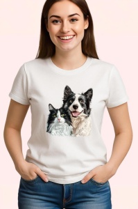 Tricou Border Collie si pisica alb negru adorabili impreuna Copii | Dama | Barbat Barbat - Img 3