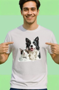 Tricou Border Collie si pisica bicolor alb negru afectiune pura Copii | Dama | Barbat Barbat - Img 2