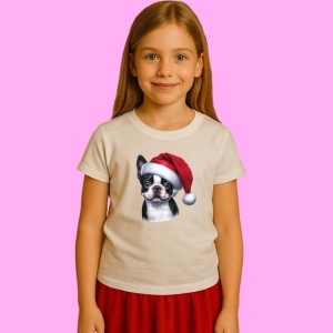 Tricou Boston Terrier Craciun Portret, din bumbac 100%, tricou alb, Copii | Dama | Barbat - Img 2