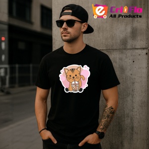 Tricou Bubble Tea Cat, din bumbac 100%, tricou negru, Dama | Barbat - Img 4