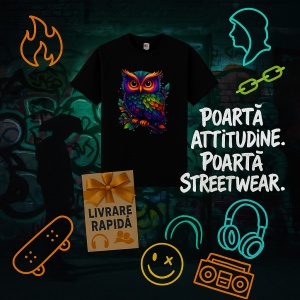 Tricou Bufnita stil curcubeu Negru, Copii | Dama | Barbat - Img 3