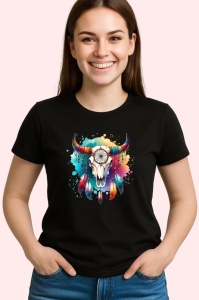 Tricou Bull skull feathers watercolor, craniu de taur cu pene in acuarela, Copii | Dama | Barbat , tricou negru - Img 1