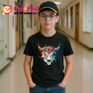 Tricou Bull skull floral crown, craniu taur cu coroana florala, Copii | Dama | Barbat , tricou negru