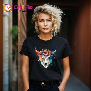 Tricou Bull skull floral crown, craniu taur cu coroana florala, Copii | Dama | Barbat , tricou negru - Img 8