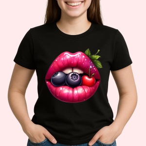 Tricou Buze curcubeu cu trandafir galben, Lip gloss, Copii | Dama, culoare negru - Img 3