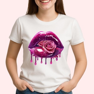 Tricou Buze femeie cu efect metalic si trandafir roz, Lip gloss, Copii | Dama - Img 3