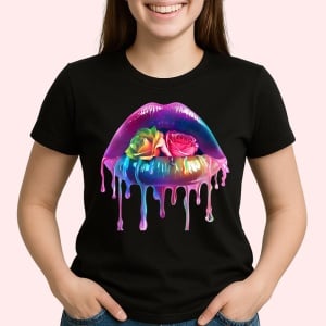 Tricou Buze femeie cu trandafir roz si stropi mov, Lip gloss, Copii | Dama, culoare negru - Img 3