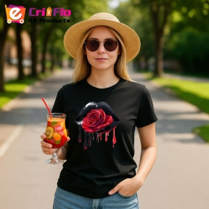 Tricou Buze femeie negre cu doi trandafiri roz inchis, Lip gloss, Copii | Dama, culoare negru - Img 9